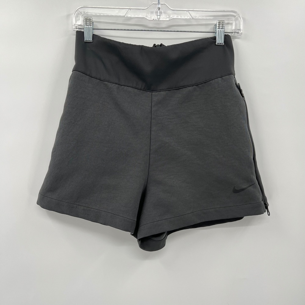Nike Medium Tech Fleece‎ Shorts Womens Charcoal Grey High Waist Side Zip Pocket
